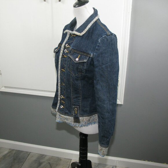 Cache Blue Tweed Trim Denim Jacket Size 8 - Picture 4 of 7